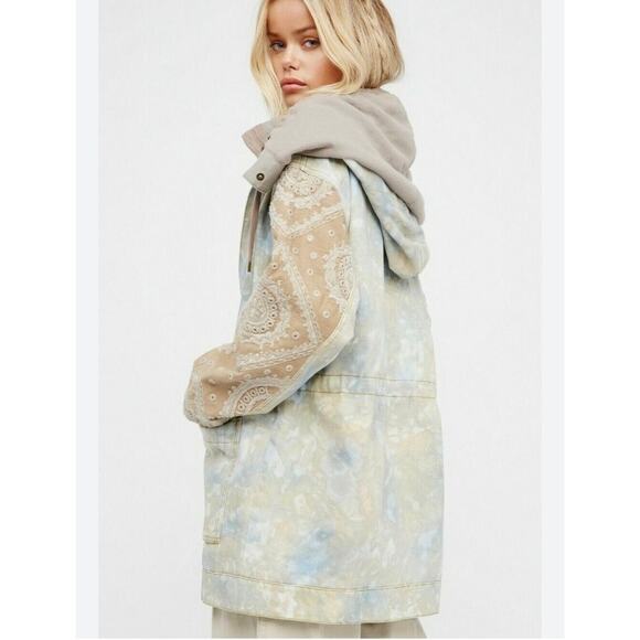 Free People embroidered sleeve Tie Dye layered denim parka jacket M - Picture 1 of 13